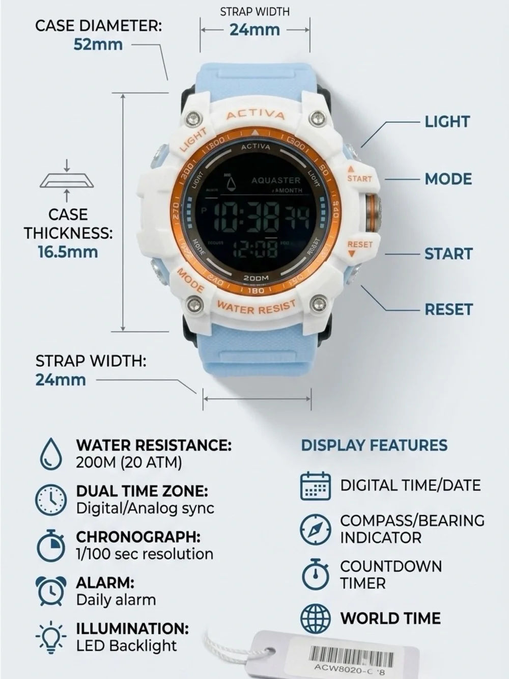 Ativa Light Blue and White Digital Sports Watch with Orange Accents